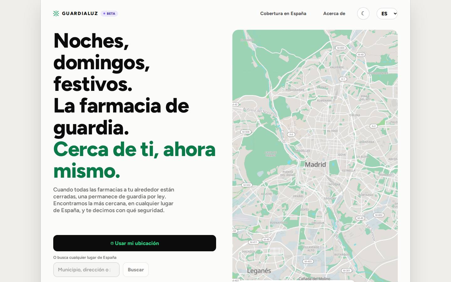 GuardiaLuz en escritorio, pantalla de inicio con el mapa