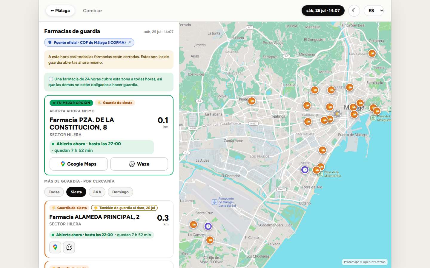 GuardiaLuz en escritorio, resultados ordenados junto al mapa