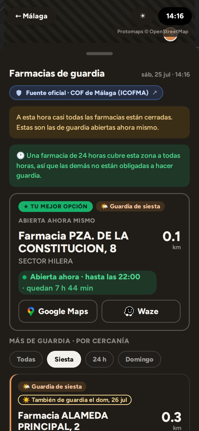 GuardiaLuz en móvil, tema oscuro